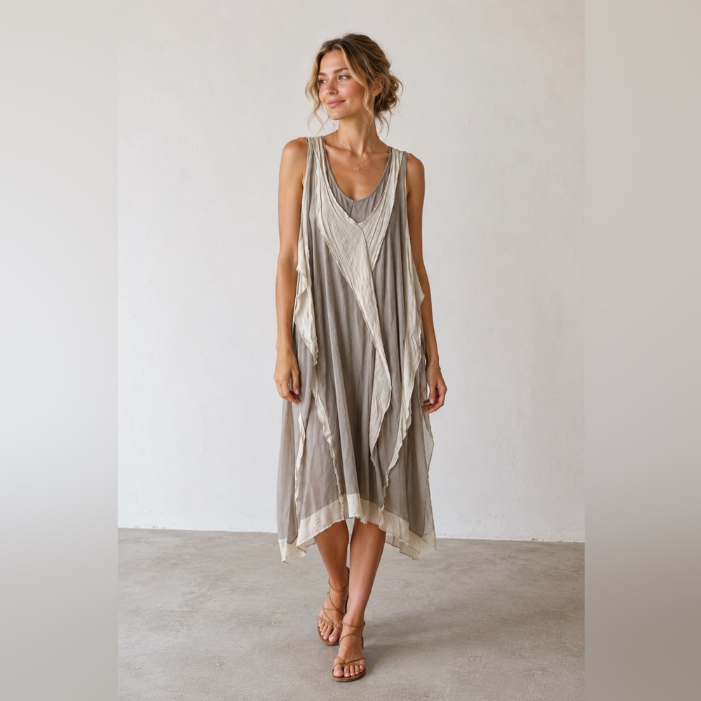Clu Women's Gray Silk Hemp Scoop Neck Sleeveless Lagenlook Casual Midi Dress S
